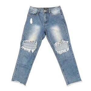 MOMOKROM Women's Distressed Frayed Cropped Jeans Medium Wash Size 8